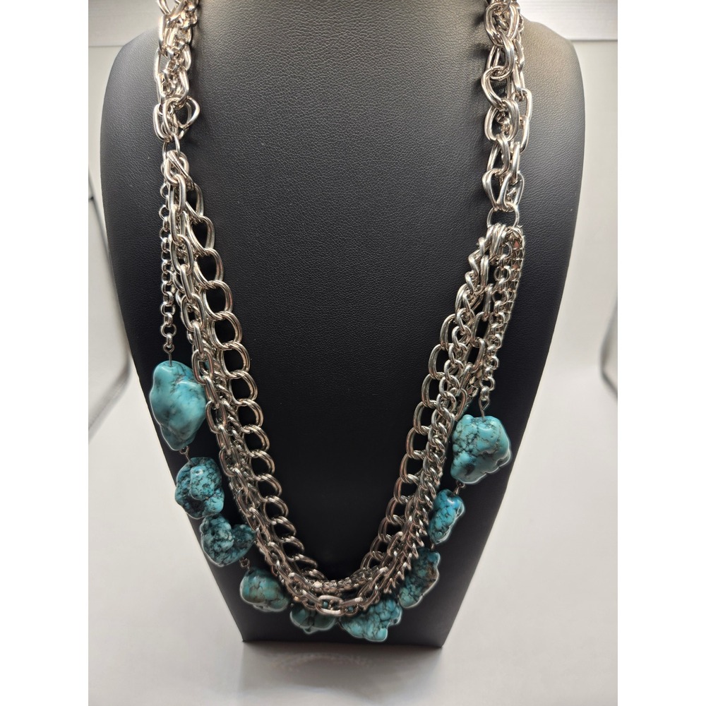 Chunky Silver Multi Strand Turquoise Nugget Statement Necklace Layered Bohemian